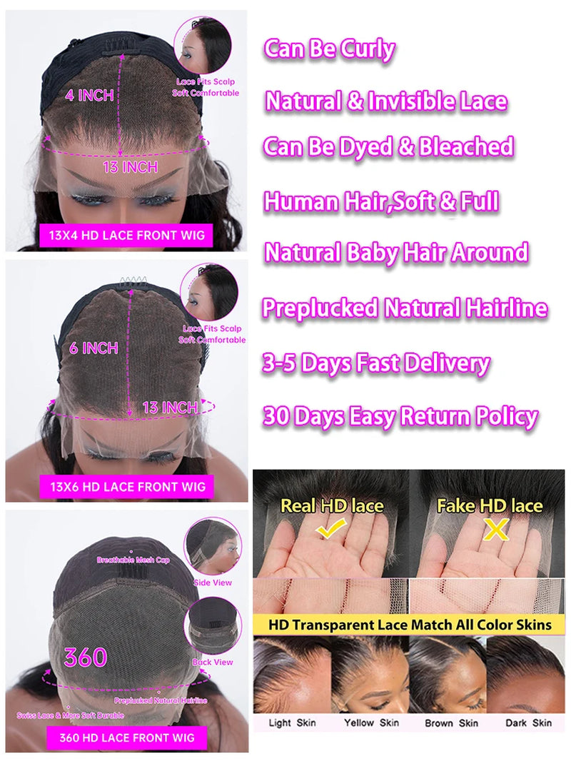 HD Glueless 13x4, 13X6, 360 Body Wave Transparent Lace Front Pre Plucked Human Hair Wigs 