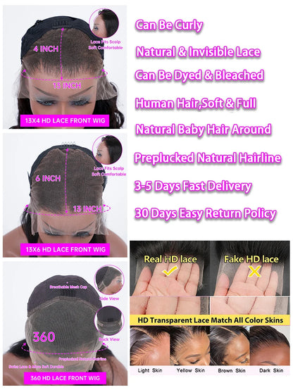 HD Glueless 13x4, 13X6, 360 Body Wave Transparent Lace Front Pre Plucked Human Hair Wigs 